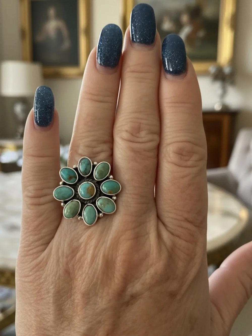 Genuine Kingman Turquoise Floral Cluster Ring - sterling‎ silver Women's Jewelry